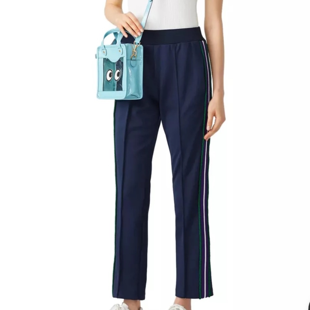 Pinko Eugenio Pants Navy Pull On Womens XL Navy Trouser Leg Stripe Athleisure
